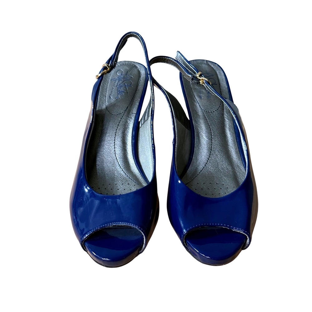LifeStride Soft Royal Blue Patent Peep Toe Slingback Heels‎ Pumps Women's 9.5